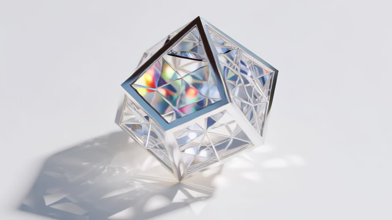 Abstrakt studieoptagelse af en gennemsigtig facetteret krystalterning, der roterer og kaster prismatiske regnbue-refleksioner og skygger på en ren hvid baggrund, minimalistisk design.