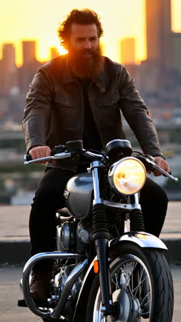 man on a motorcycle with city view