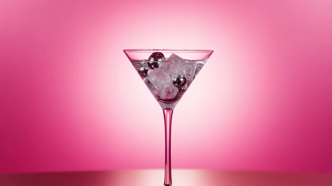 Martini Glass with Ice and Disco Balls on Pink Background