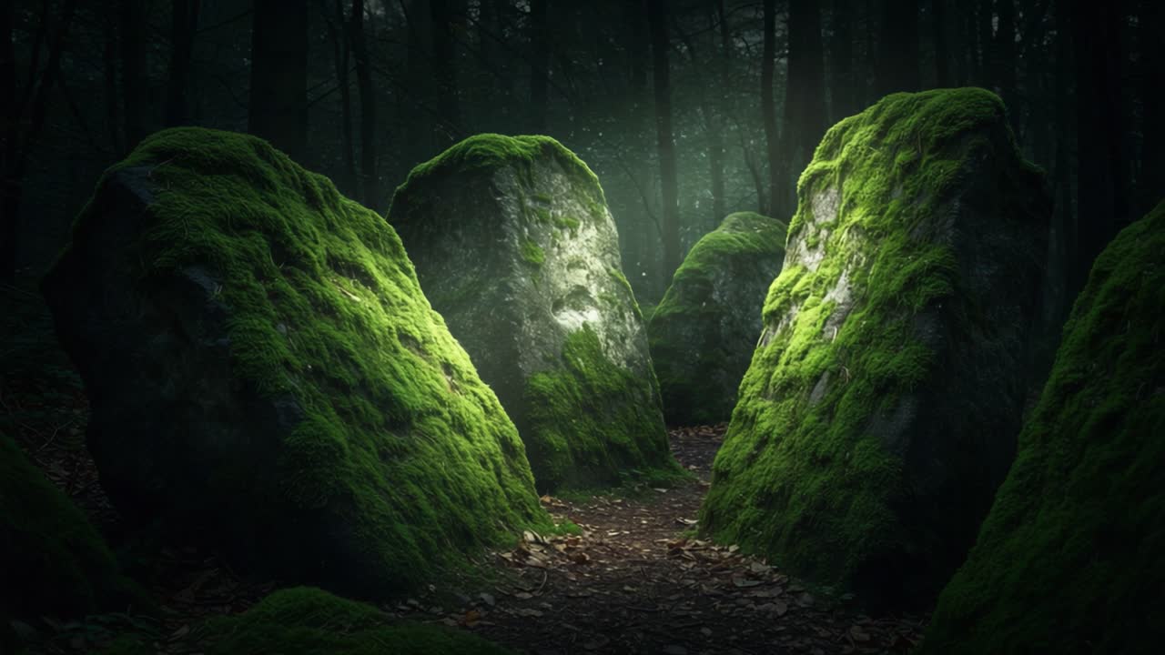 A Serene Glimpse into the Heart of an Enchanted Forest, Where Majestic Moss-Covered Stones Stand Guard, Illuminated by Soft Glimmers of Natural Light