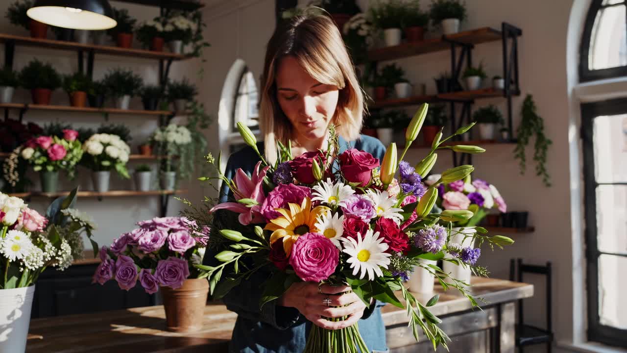 Un fiorista sistema dei fiori in un negozio soleggiato. Il video cattura un angolo laterale, mettendo in mostra colori vivaci