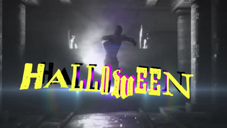 halloween text animation over silhouette of person in dark, eerie setting