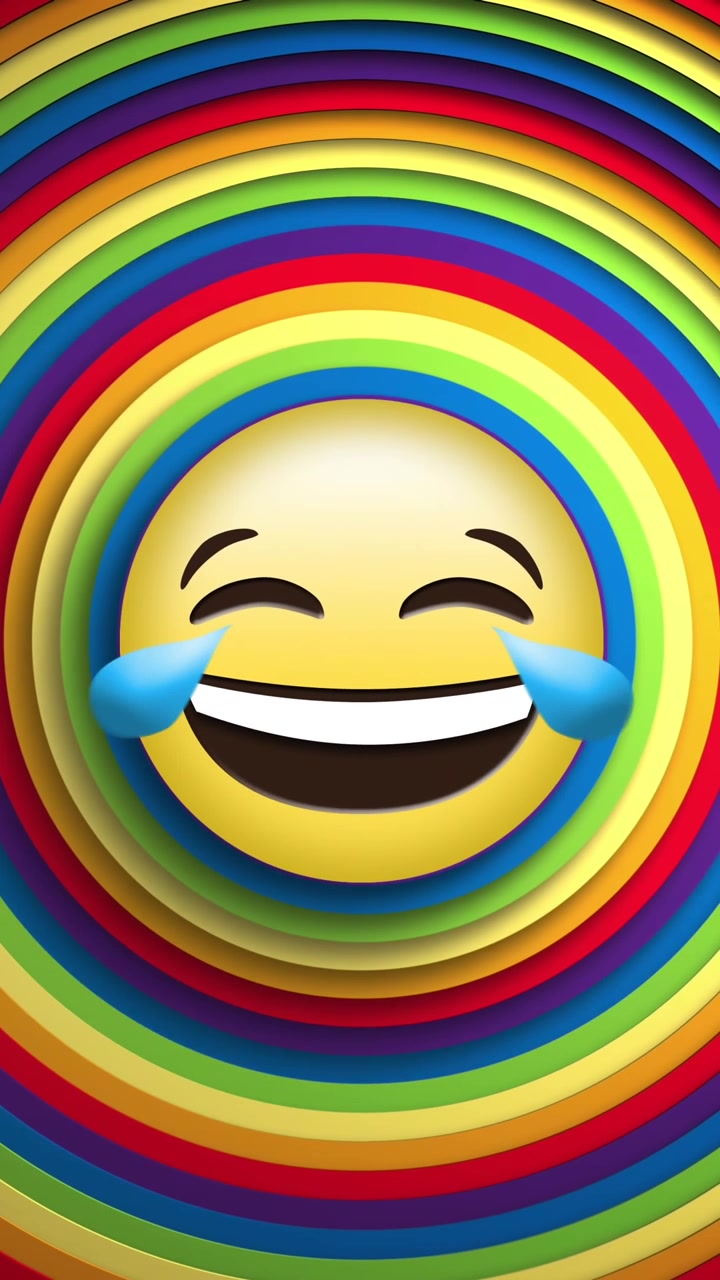 Animatie van sociale media lachende emoji-icoon boven regenboogcirkels