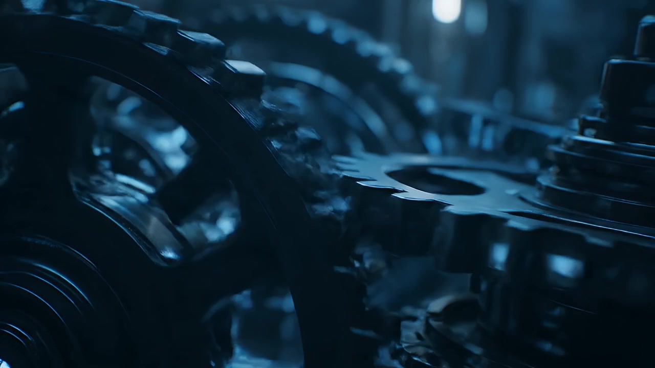 Close-up of Interlocking Metal Gears Rotating in Industrial Machine