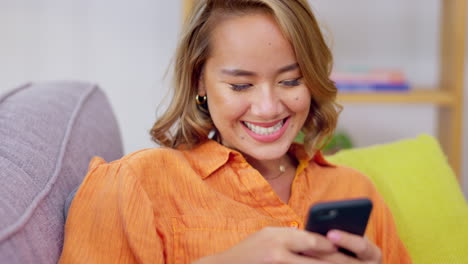 Contact,-message-and-phone-with-woman-on-sofa