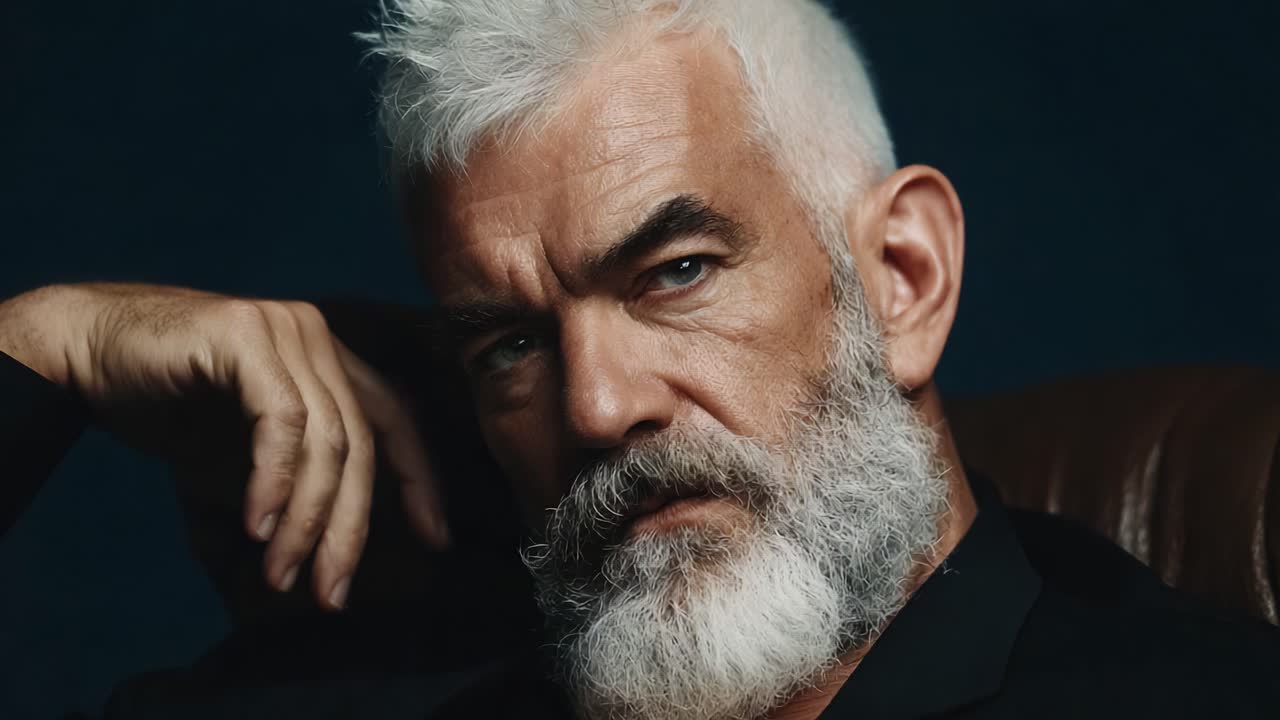 Un ritratto accattivante di un distinto uomo anziano con barba argentea, che emana saggezza e profondità, ambientato su uno sfondo scuro in un ambiente studio.