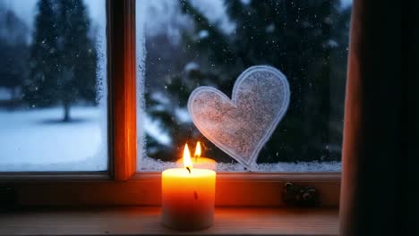 snowy winter window with candlelight heart