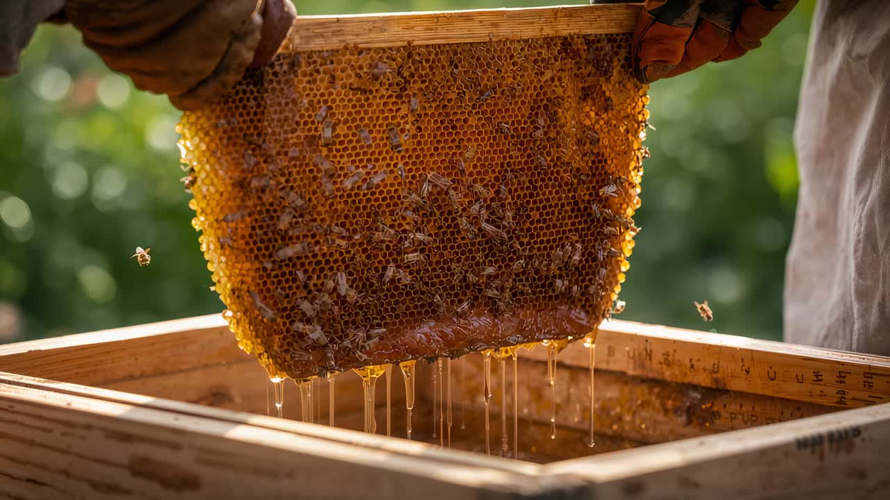 Mani guantate sollevano un favo, lasciando colare il miele per la raccolta con le api