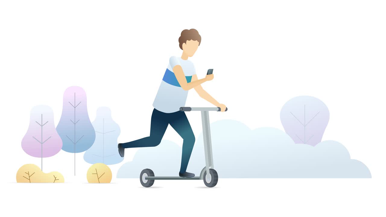 Boy using scooter-sharing app on mobile phone. Scooter rental web service. Cartoon loop 4k animation.