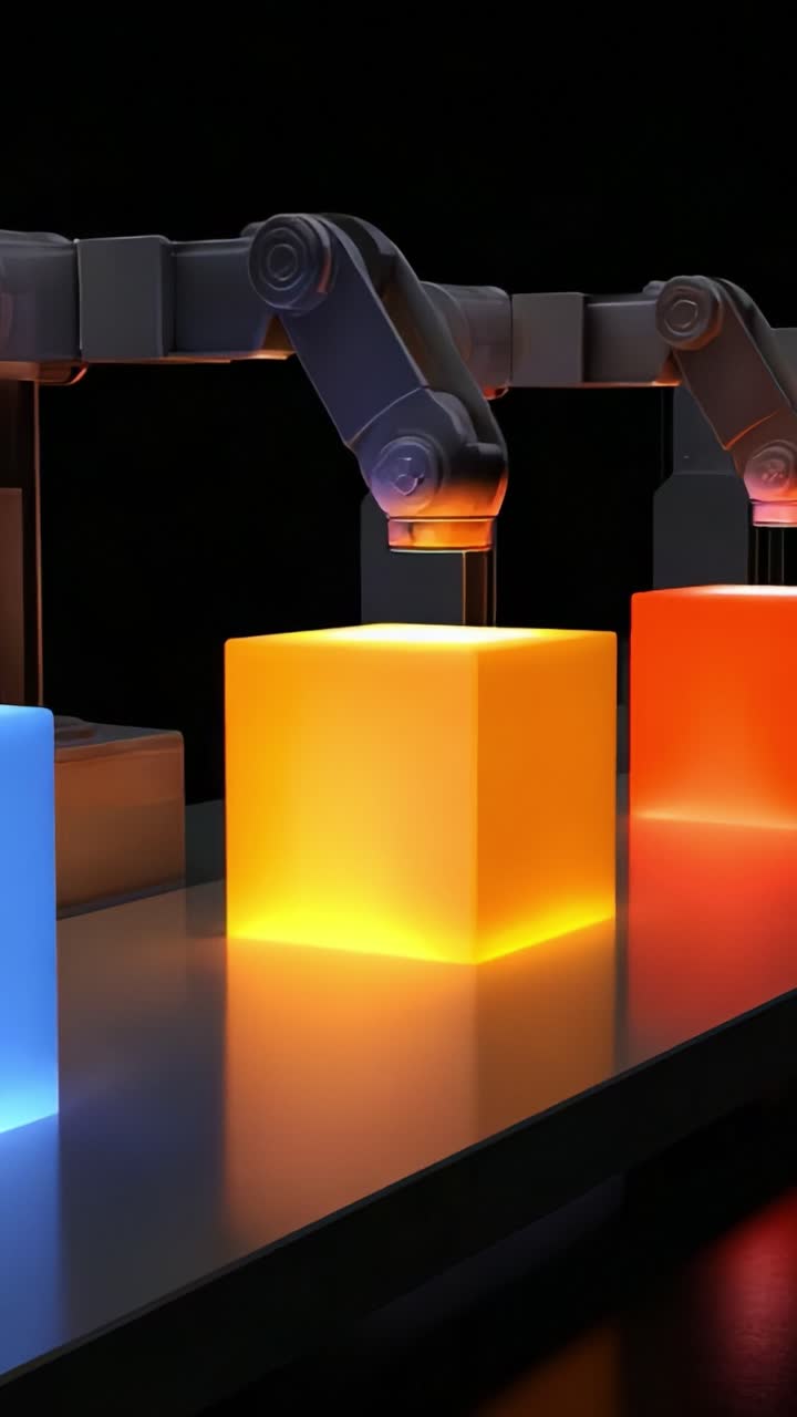 Automated Robotic Arms Interacting with Colorful Light Emitting Cubes in a Modern Factory Environment, Highlighting Advanced Manufacturing Technology and Innovative Production Processes