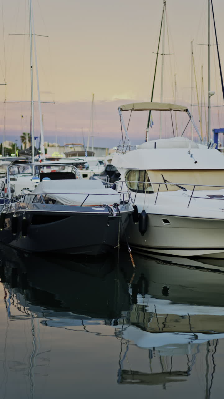 Multiple white boats docked in the Port Vauban at sunset in Antibes, France. Vertical