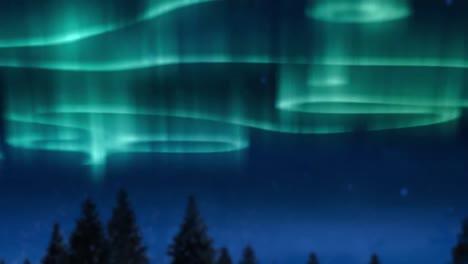 Animation-of-aurora-borealis-glowing-trails-in-blue-over-landscape-and-stars-on-sky-at-night