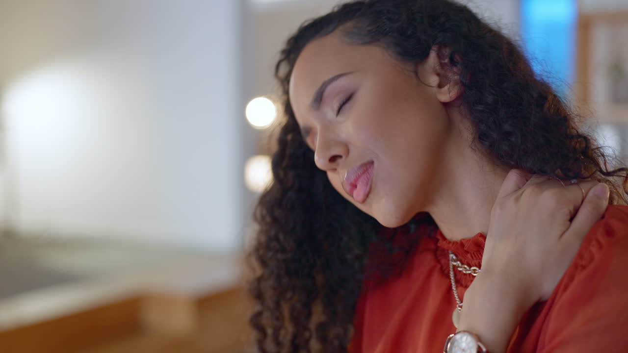 Stress, overworked and business woman with neck