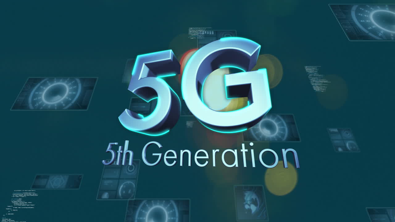 animación de texto de quinta generación sobre íconos de tecnología futurista y luces bokeh