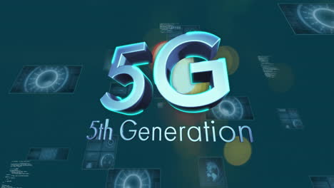 5g 5th generation text animation over futuristic technology icons and bokeh lights