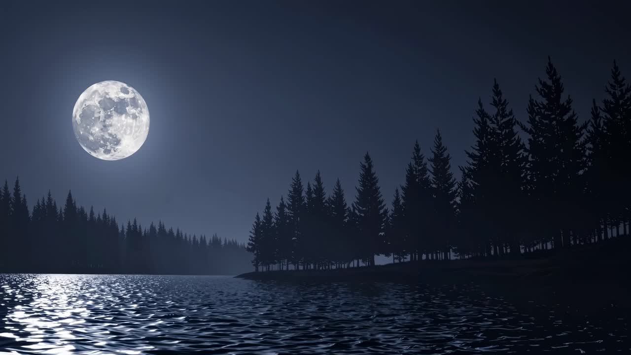 A serene night scene with a full moon over a lake, captured from a low angle