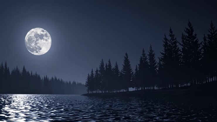 A serene night scene with a full moon over a lake, captured from a low angle
