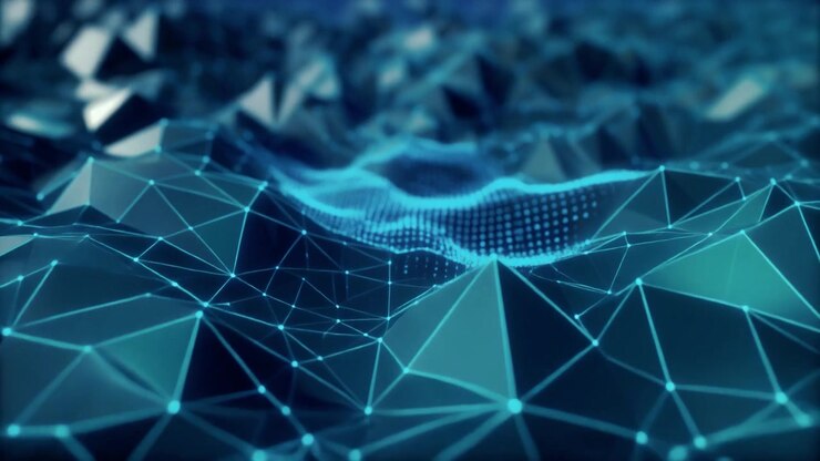 Paesaggio digitale astratto con mesh geometrica in movimento e particelle luminose