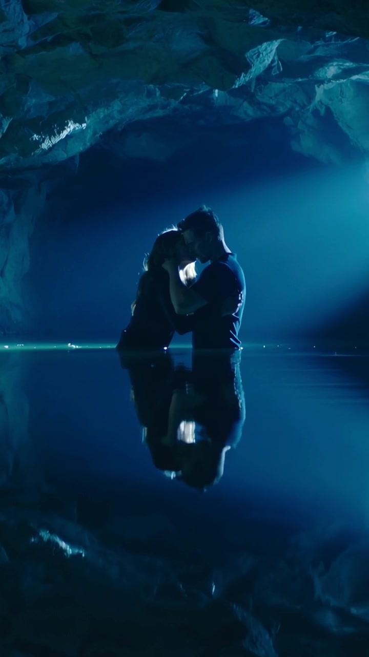 Vídeo vertical: Cabeças se tocando, casal se beijando em uma piscina de caverna sob luz azul, com roupas escuras.