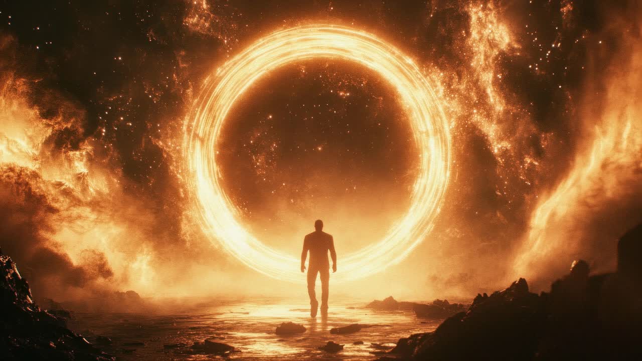 A silhouette stands before a fiery portal, with flames swirling around