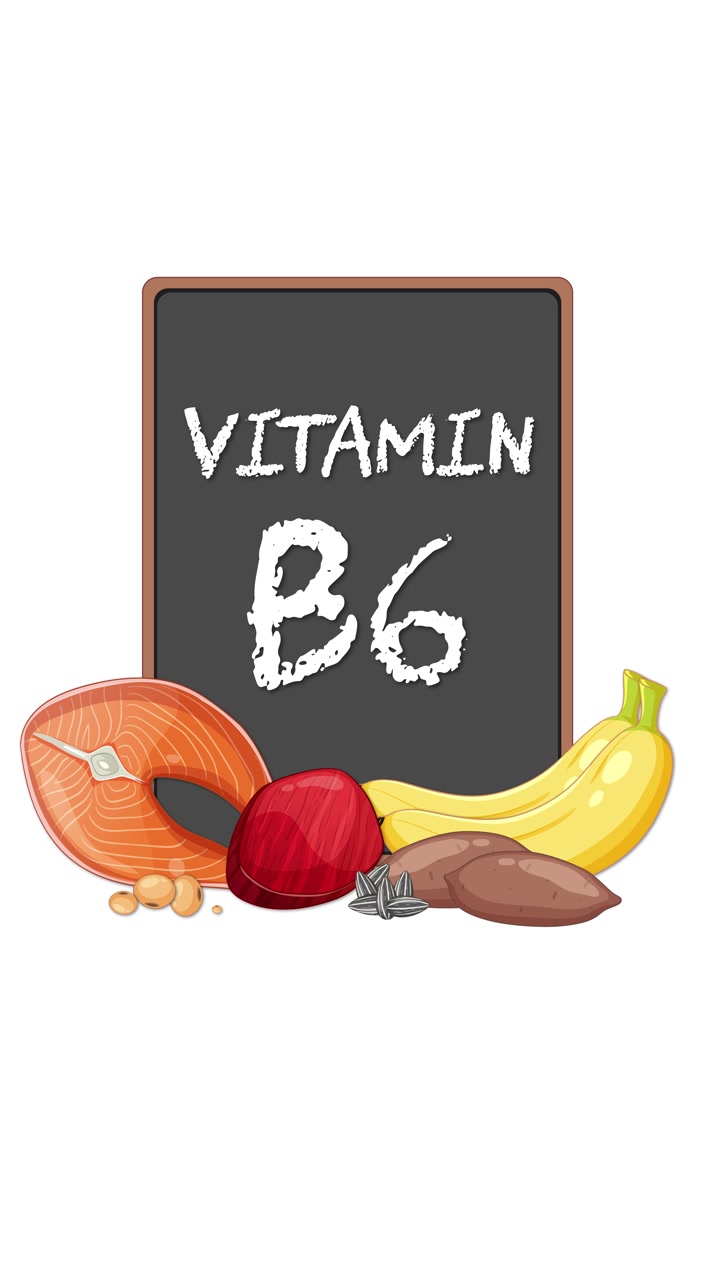 Chalkboard with Vitamin B6 text surrounded by illustrated foods, smooth buildup, white background
