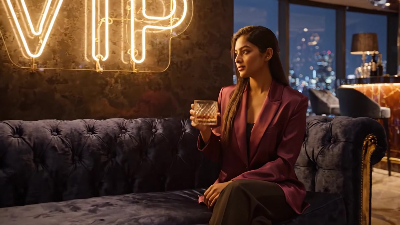 Mulher Elegante em Lounge VIP Saboreando uma Bebida Sob Luzes de Néon, Capturando uma Atmosfera Noturna Luxuosa com Vistas Panorâmicas da Cidade.