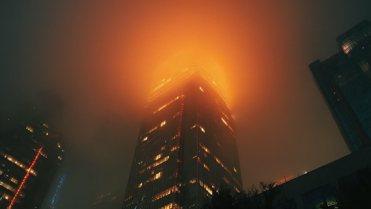 Visuale dal basso angolo di un grattacielo illuminato che trafigge una fitta nebbia arancione di notte, creando una scena urbana suggestiva e carica di atmosfera con finestre luminose in una metropoli moderna