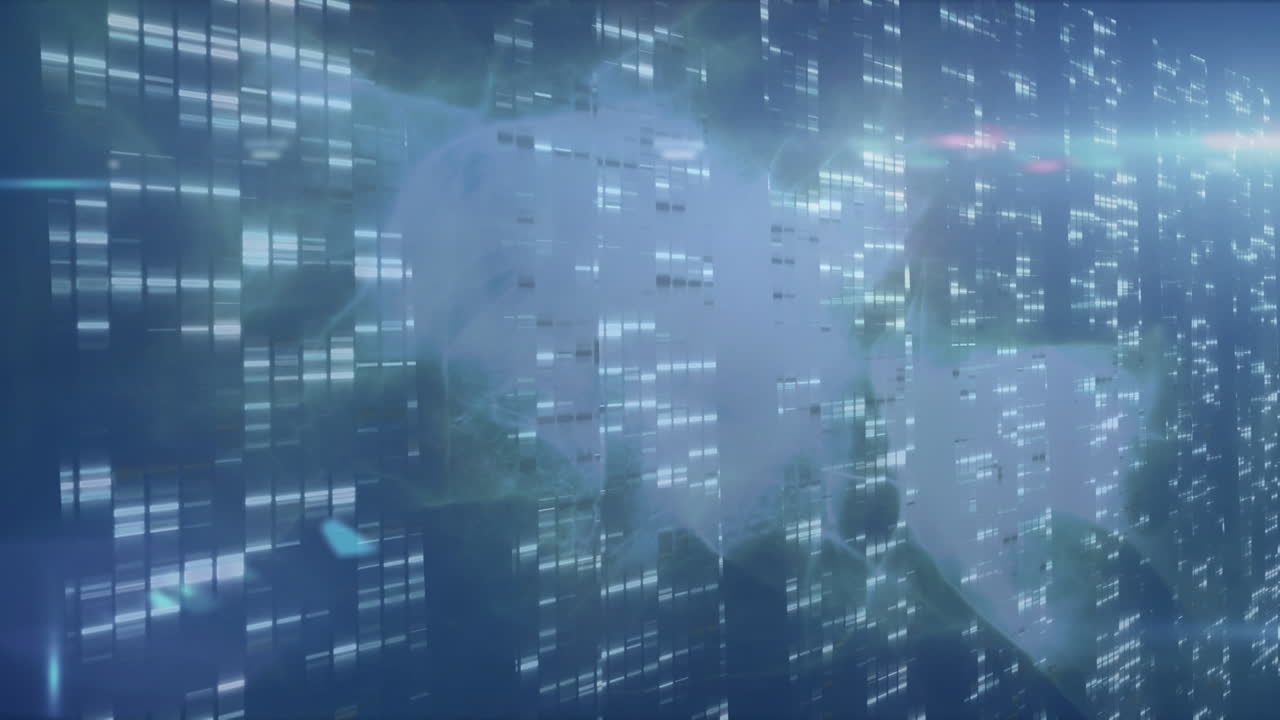 Animation of lights and data processing over navy background with green smoke