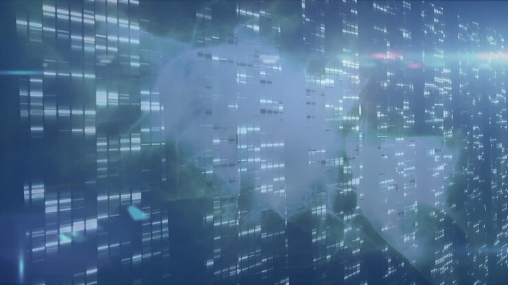 Animation of lights and data processing over navy background with green smoke