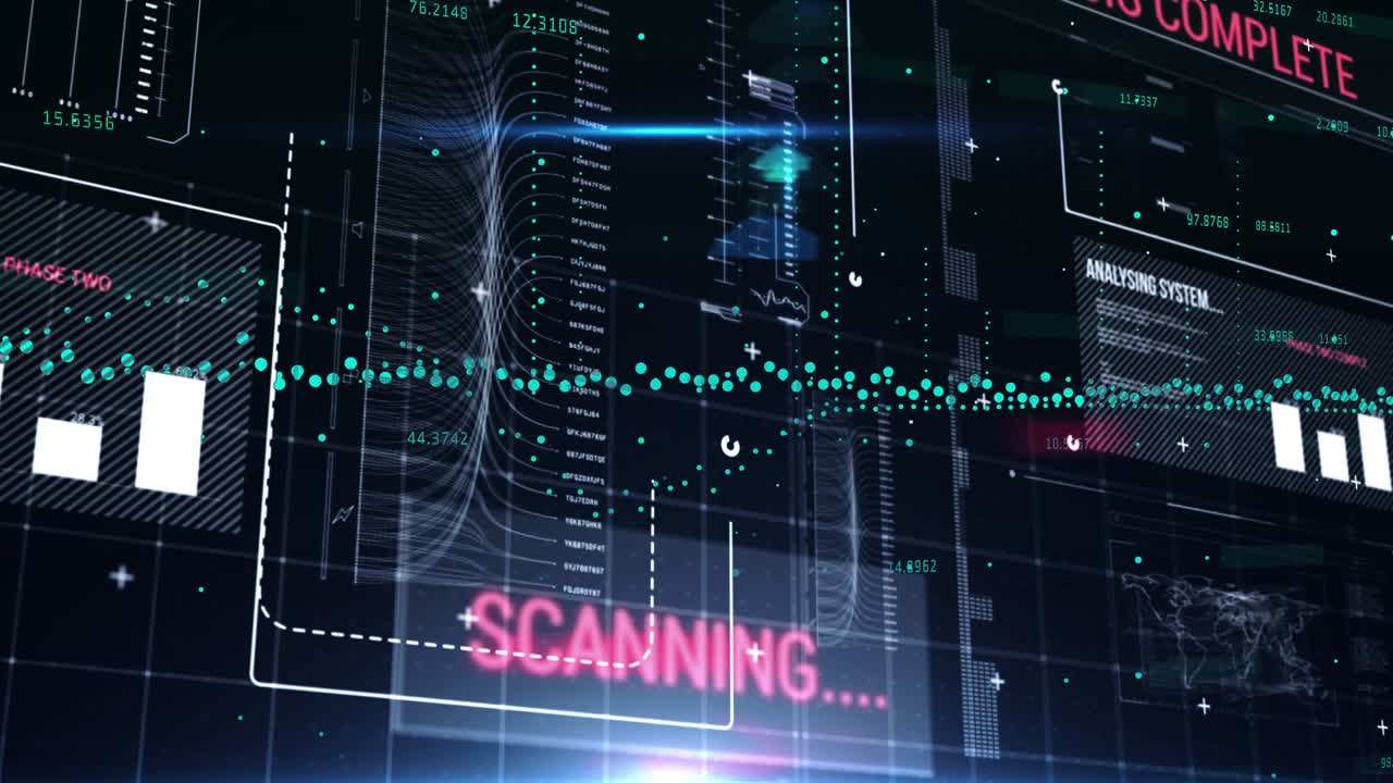 Animation of interface with data processing and blue light spot against black background