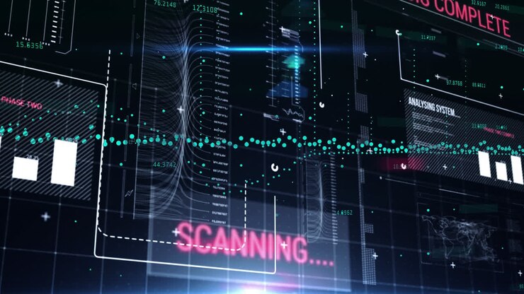 Animation of interface with data processing and blue light spot against black background