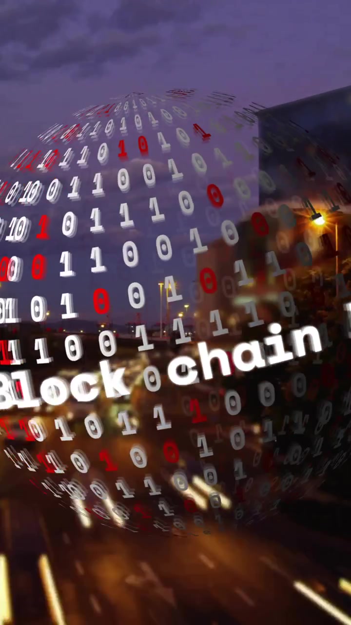 Blockchain data animation over cityscape at night
