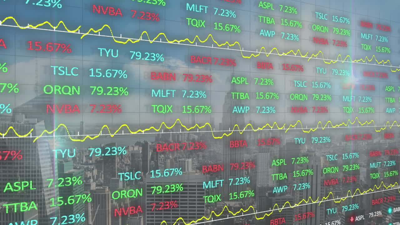 구름이 가득한 하늘에 대한 현대 도시 풍경 위의 렌즈 플레어와 함께 거래 보드의 애니메이션