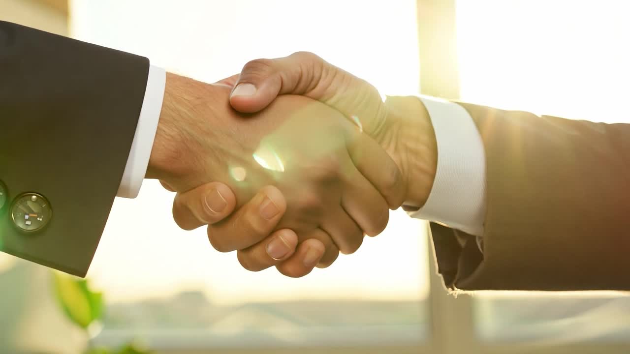 두 남자가 사무실에서 손을 흔들고