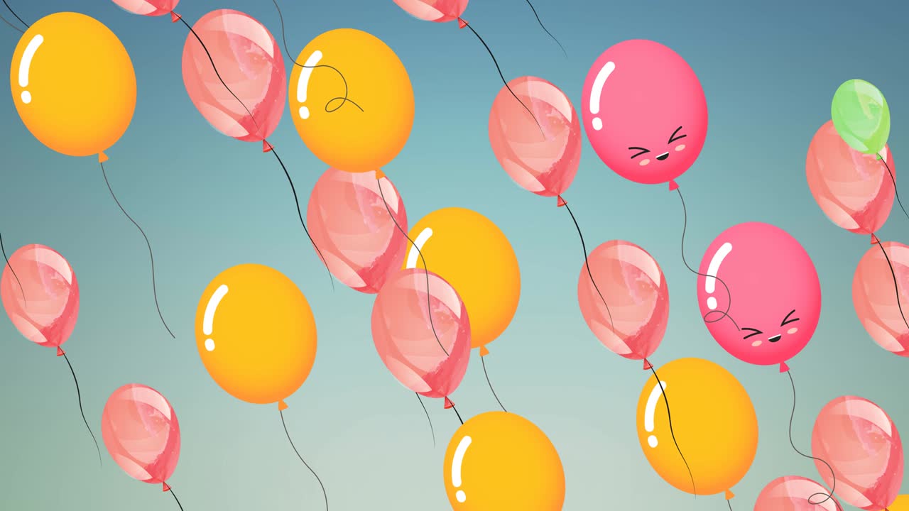 파란색 바탕에 얼굴이 날아다니는 다채로운 풍선의 애니메이션