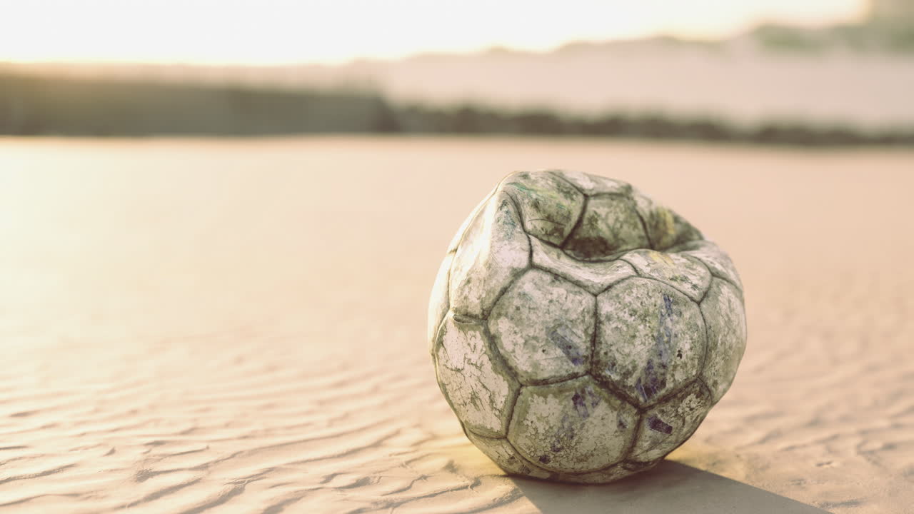 Old soccer ball rests on sandy beach during sunset