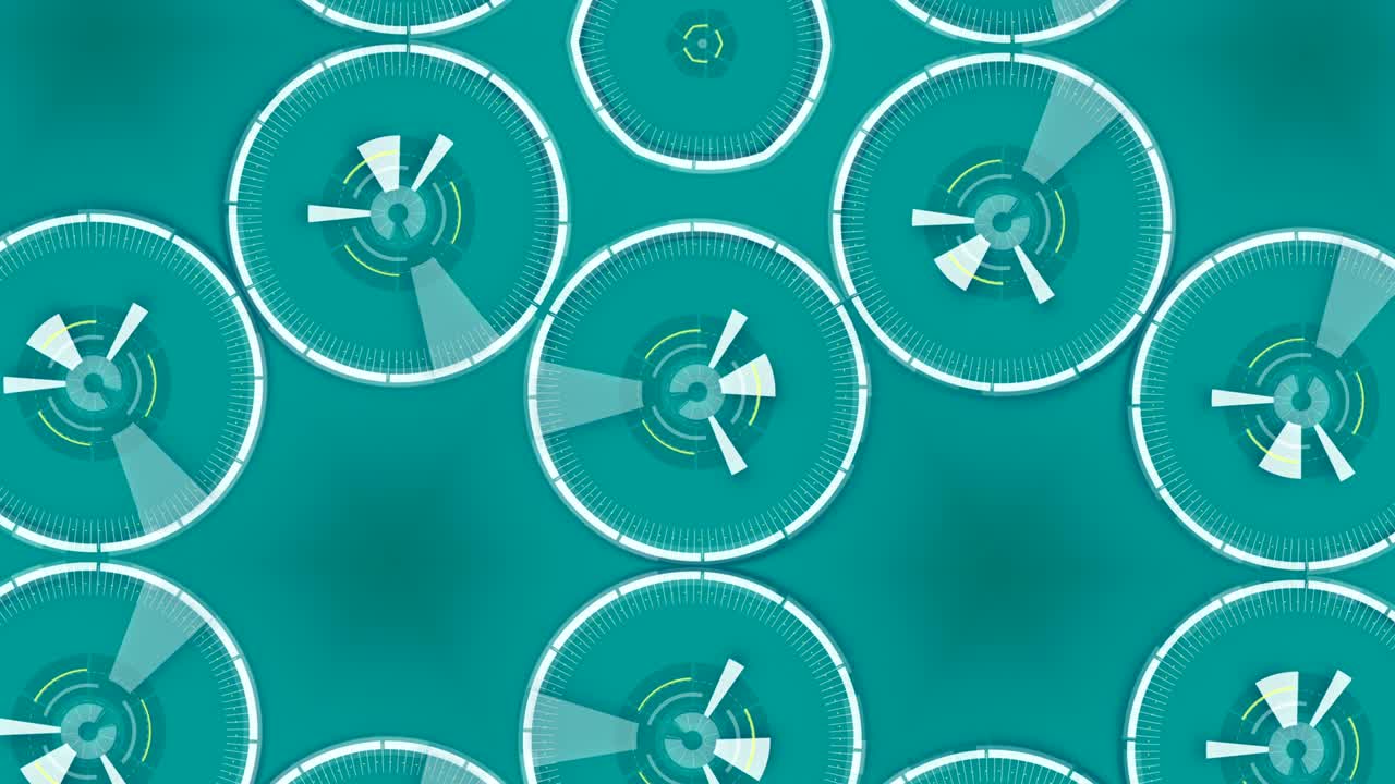 파란색 추상적인 둥근 칼레도스코프 애니메이션, 원과 함께 하이테크 배경.