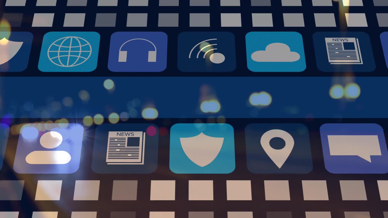 디지털 소셜 미디어 아이콘의 애니메이션과 파란색 배경의 데이터 처리