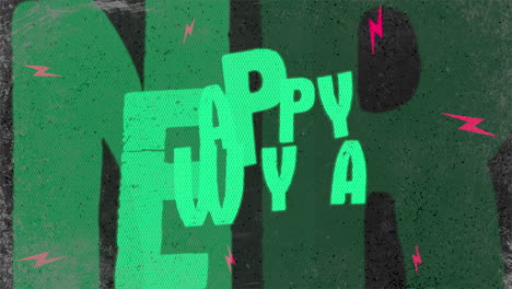 retro happy new year text on hipster texture with thunderbolts