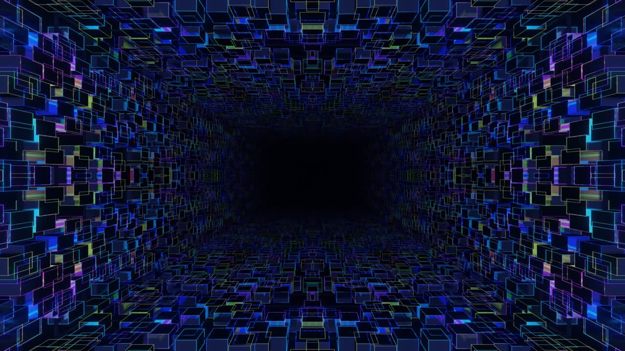 4k seamless looped animation. Fly through mirror symmetrical tunnel with neon pattern, sci fi glow pattern. Bright reflection neon light. Simple bright background, sci fi structure