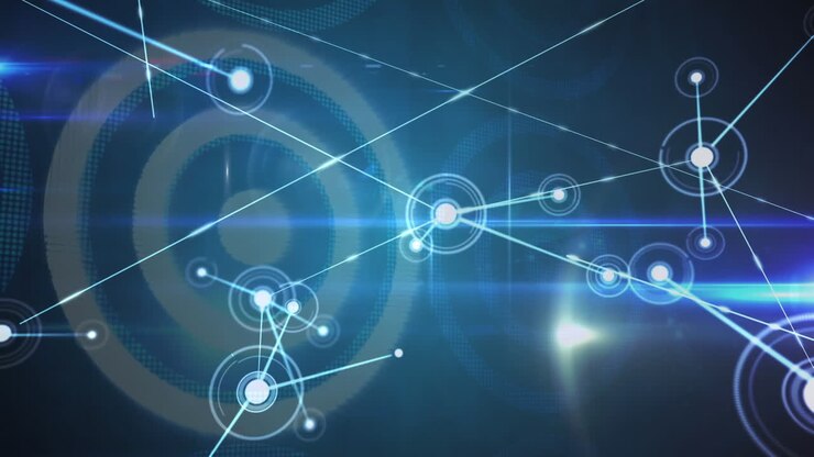Digital animation of glowing network of connections against circular shapes on blue background
