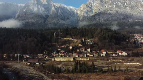 aerial view of small town at mountain