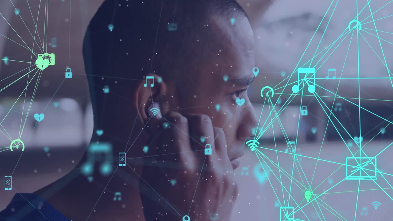 무선 이어폰으로 야외에서 운동하는 남성 운동 선수에 대한 미디어 아이콘 네트워크의 애니메이션