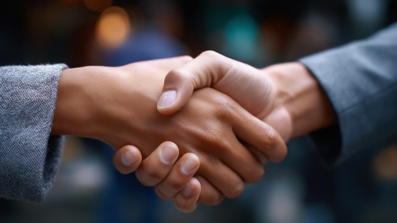 A powerful handshake representing agreement, trust, and connection between two individuals in a professional context, highlighting teamwork and collaboration