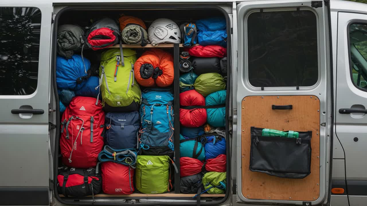 A Well-Organized Van Interior Showcasing Colorful Climbing Gear, Sleeping Bags, and Equipment for Outdoor Adventures, Ready for Exciting Expeditions into Nature