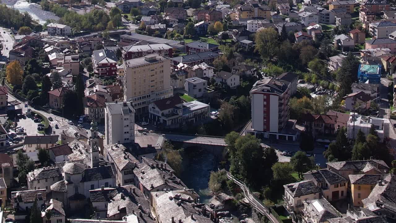 Aerial view of an Italian Alps town with unique architecture