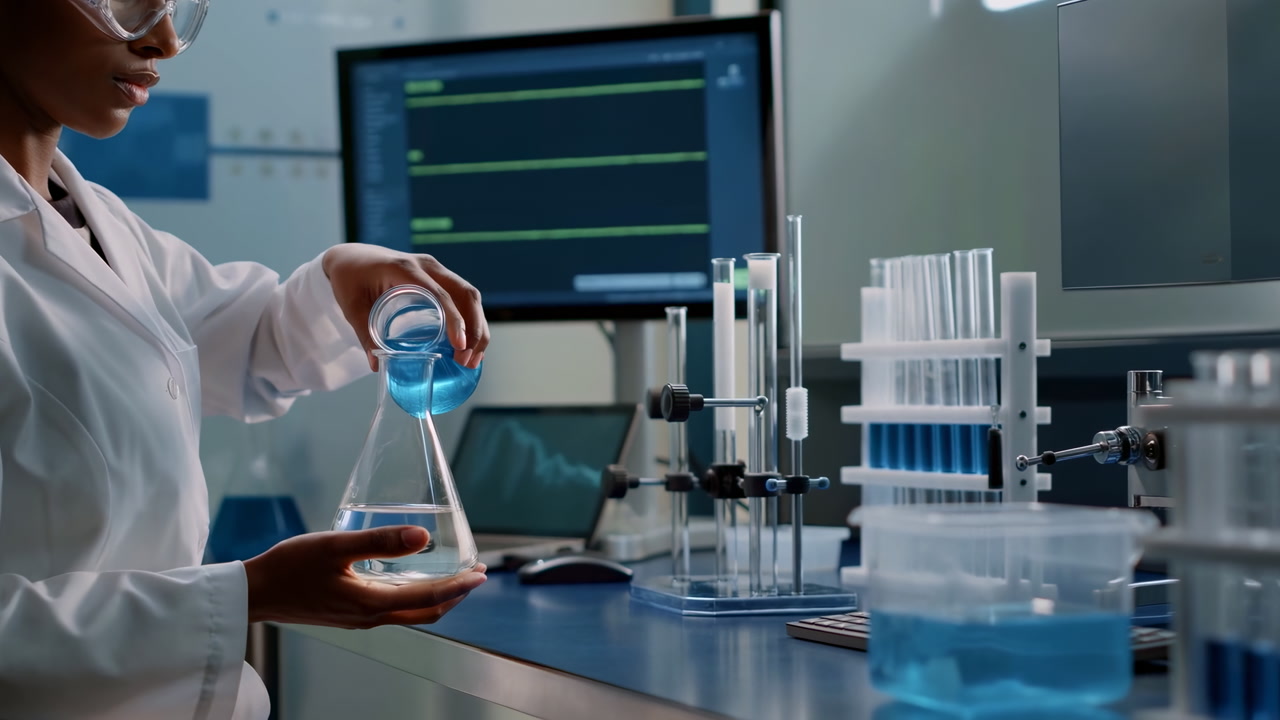 Black Female Scientist Pouring Blue Liquid Into Glass Flask On Lab Bench, Wearing Safety Goggles And White