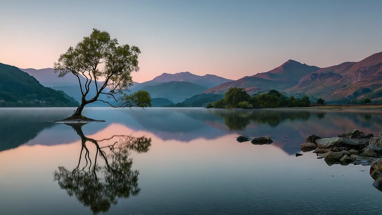 Serene sunset over tranquil lake with lone tree and reflections