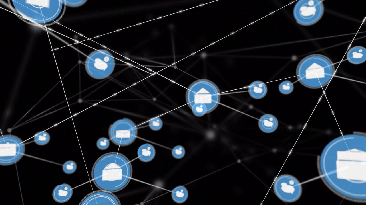 Animation of speech bubble and envelope icons connected with lines on black background