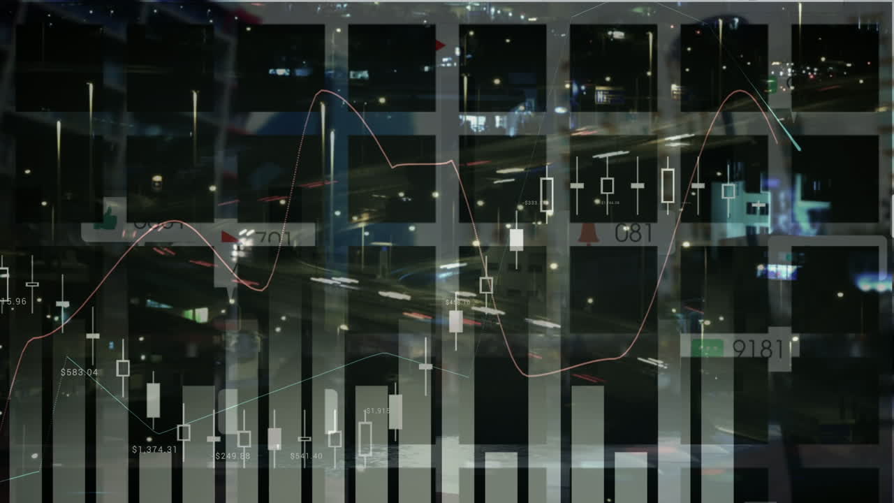 밤에 도시 풍경 위에서 금융 데이터 처리의 애니메이션